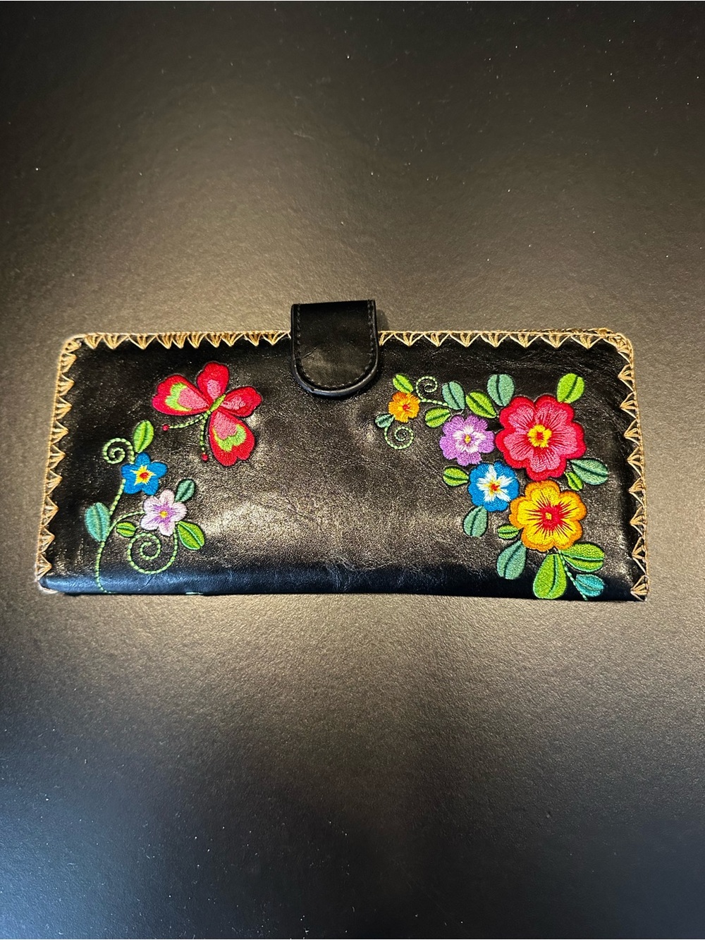 Black Floral Embroidered Women's Wallet